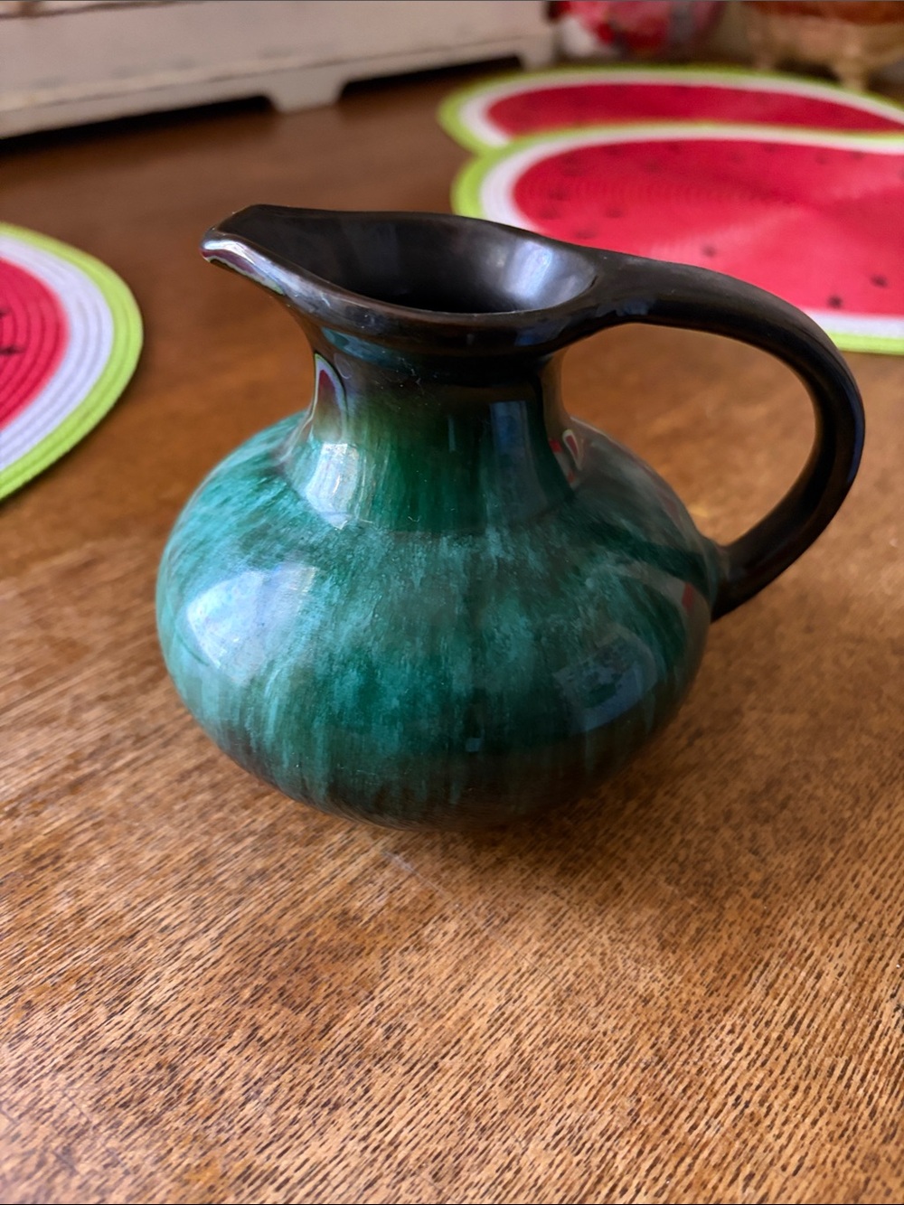Green Glazed Ceramic Pitcher with Black Handle - Decorative Vase